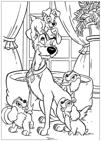 The Tramp And Puppies Coloring Page